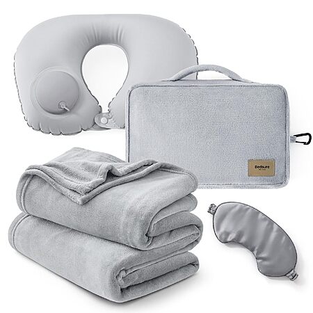 Deal Alert: 4-Pc Bedsure Travel Blanket Set w/ Inflatable Neck Pillow, Eye Mask & Storage Bag (Grey) $9.99 + Free Shipping w/ Prime or on $35+